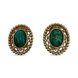 1928 Jewelry Gold Toned and Green Malachite Oval Clip-on Earrings